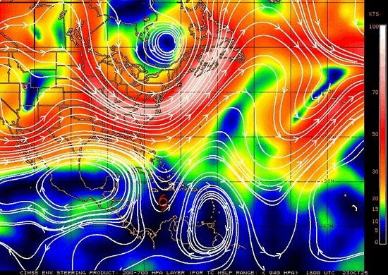 An animation shows the direction of steering winds over four days