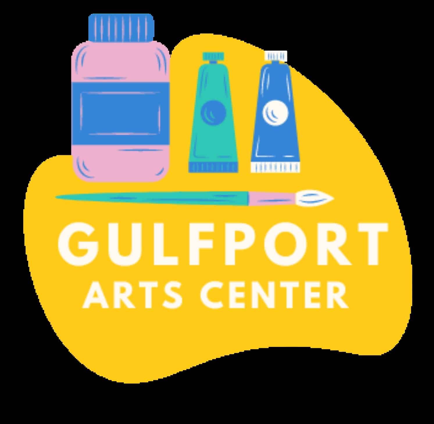 The Gulfport Arts Center logo. Text on an abstract yellow background with illustrated painting supplies.