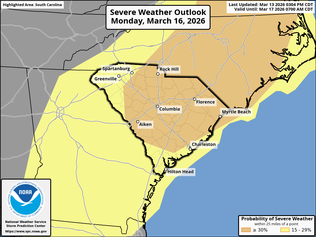 The Storm Prediction Center's Day 4 Severe Weather Outlook for South Carolina, covering Monday and Monday night.