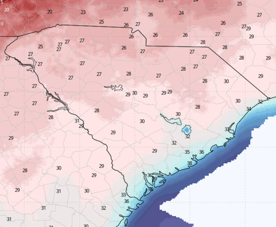 Forecast lows for Wednesday morning from the National Weather Service