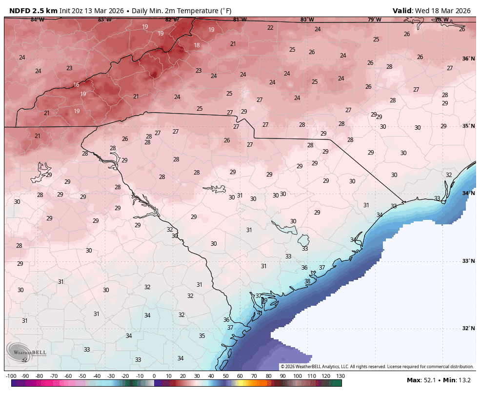 The National Weather Service's forecast lows across South Carolina on Wednesday morning