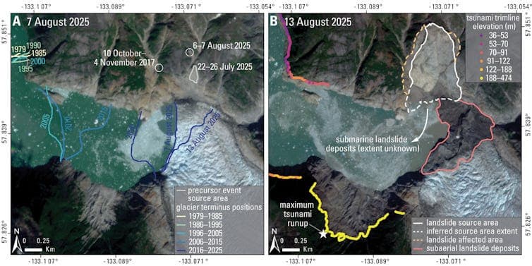 Two illustrations of Tracy Arm and the glacier's extent over time.