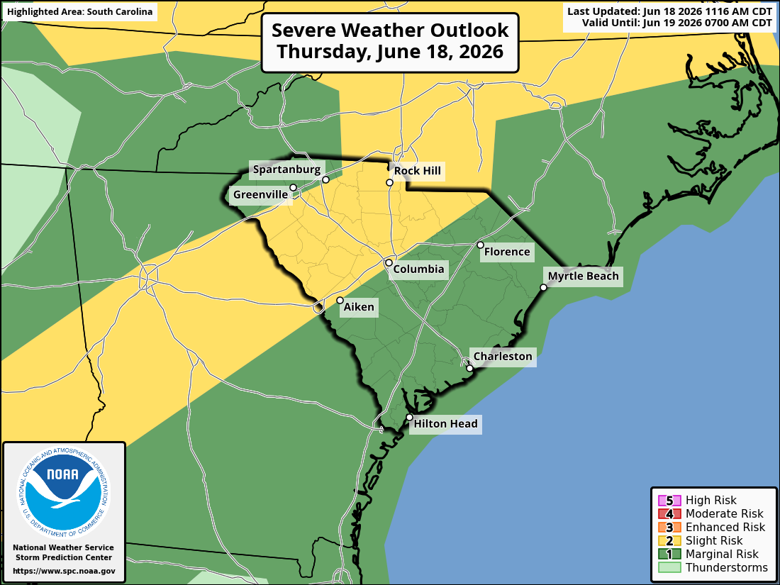 The Storm Prediction Center's Day 2 Severe Weather Outlook graphic for South Carolina, covering the rest of today and tonight