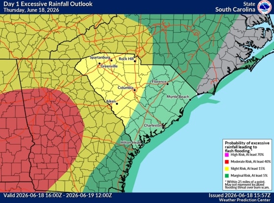 The Weather Prediction Center's Day 1 Excessive Rainfall Outlook graphic for South Carolina, covering the rest of today and tonight