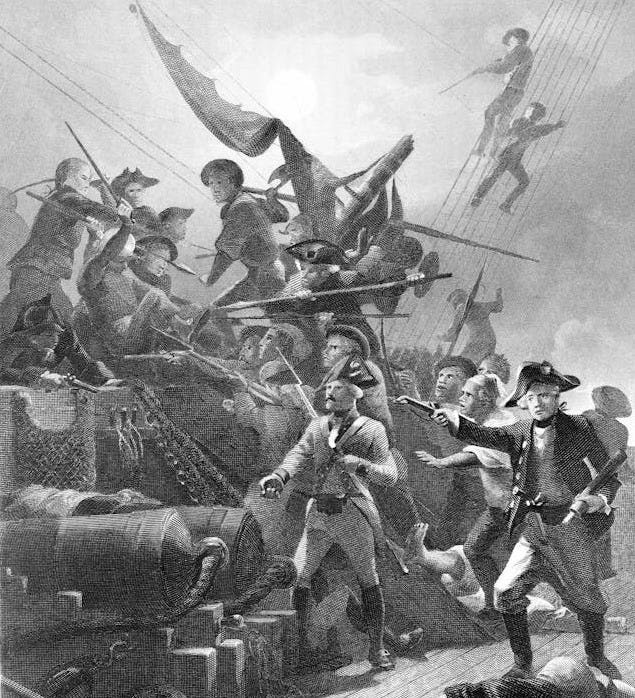 A black-and-white image shows John Paul Jones standing in the midst of a battle on a ship