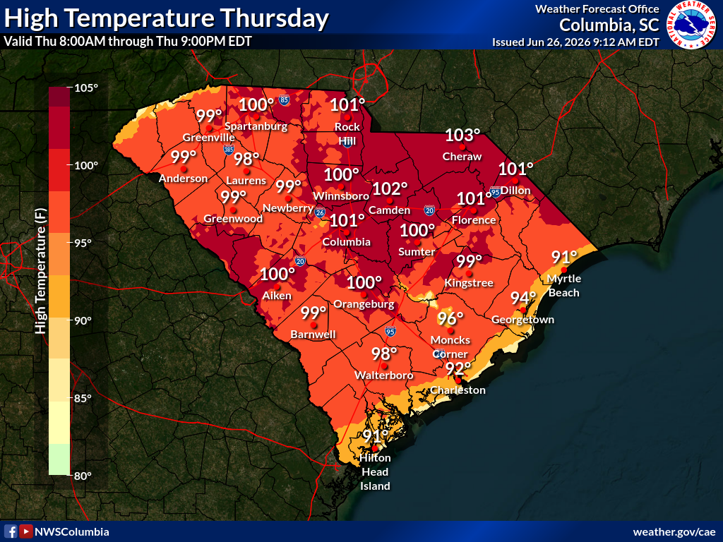 The National Weather Service's high temperature forecast for Thursday, July 2.