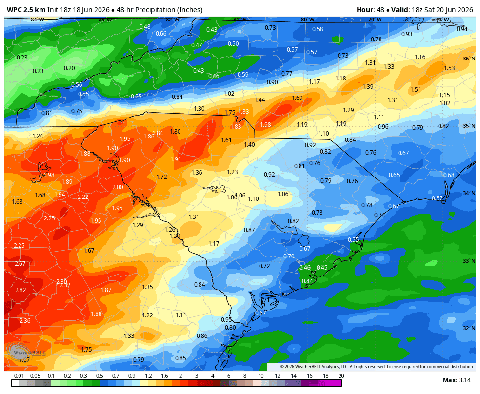 Forecast rainfall through midday Saturday across South Carolina from the Weather Prediction Center