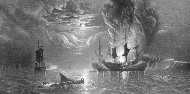 A black-and-white image shows two ships at battle