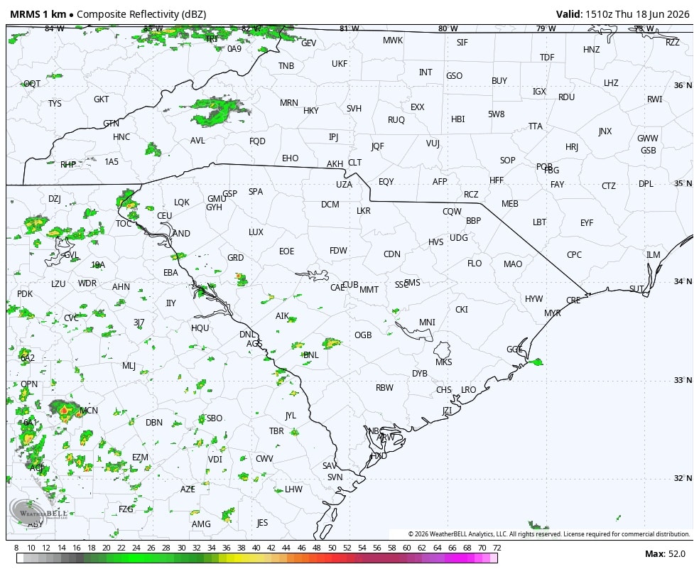 MRMS composite weather radar imagery starting at 11:10 a.m. and ending at 2:22 p.m.