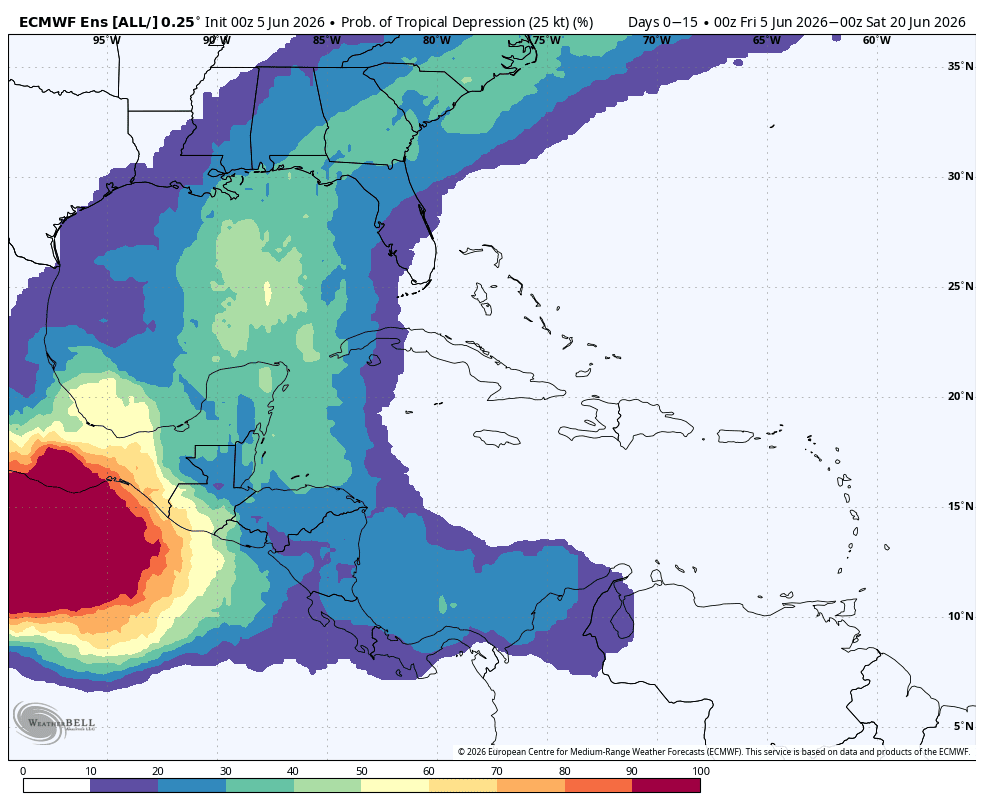 A plot of output from the ECMWF ensemble showing the percent chance for a tropical cyclone to pass within 300 km of a point on the map