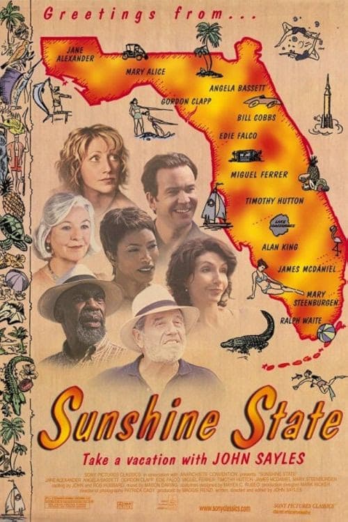 A poster for the film Sunshine State featuring the faces of seven characters next to an illustration of Florida.