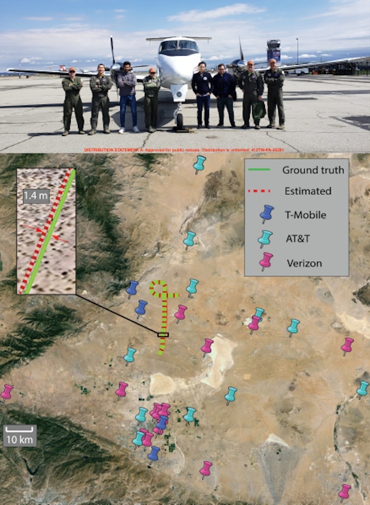 photo of a twin-engine plane with eight people in front of it above a satellite image overlaid with numerous colored pins