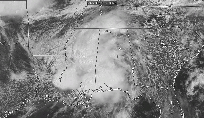 Visible satellite imagery shows a big blob of clouds over the Southeast associated with the remnants of Arthur