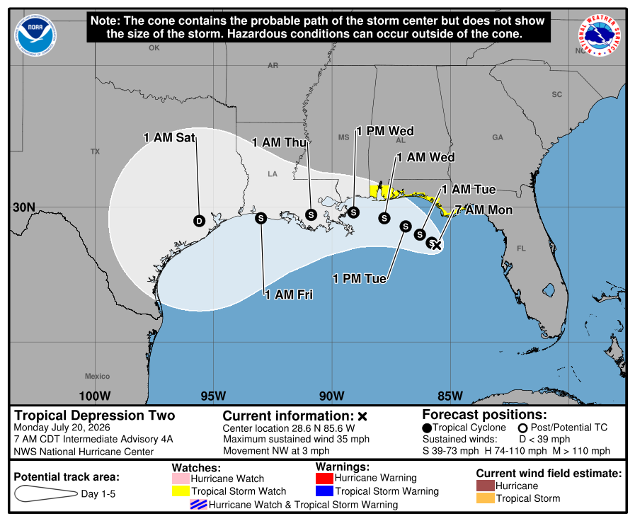 The NHC forecast track and current watches and warnings for TD 2 from Advisory 4A