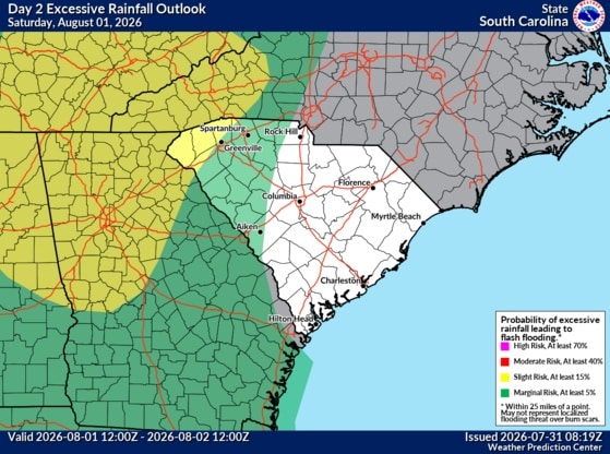 WPC's Day 2 Excessive Rainfall Outlook for South Carolina, covering Saturday and Saturday night.