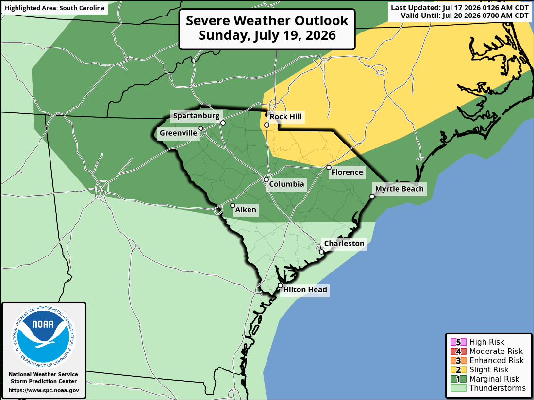 The Storm Prediction Center's Day 3 Severe Weather Outlook for South Carolina, covering Sunday and Sunday night