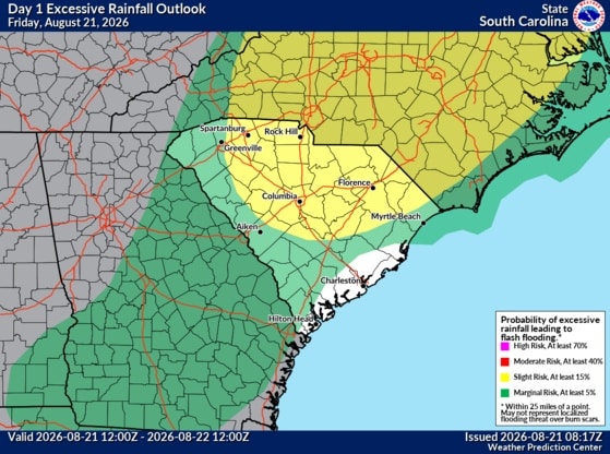 The Weather Prediction Center's Day 1 Excessive Rainfall Outlook for SC shows nearly the entire state at risk for flash flooding through tonight.