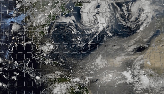 This colorized visible satellite imagery shows the features of interest across the North Atlantic today.