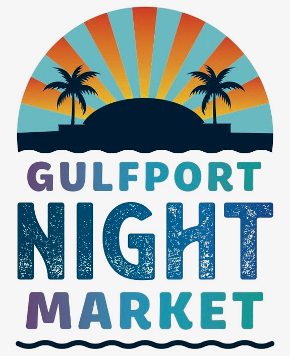 Logo. Illustration of sunset with rays palm trees and building silhouette. Text reads Gulfport Night Market. Wavy line design at bottom. Blue purple orange and teal color scheme.