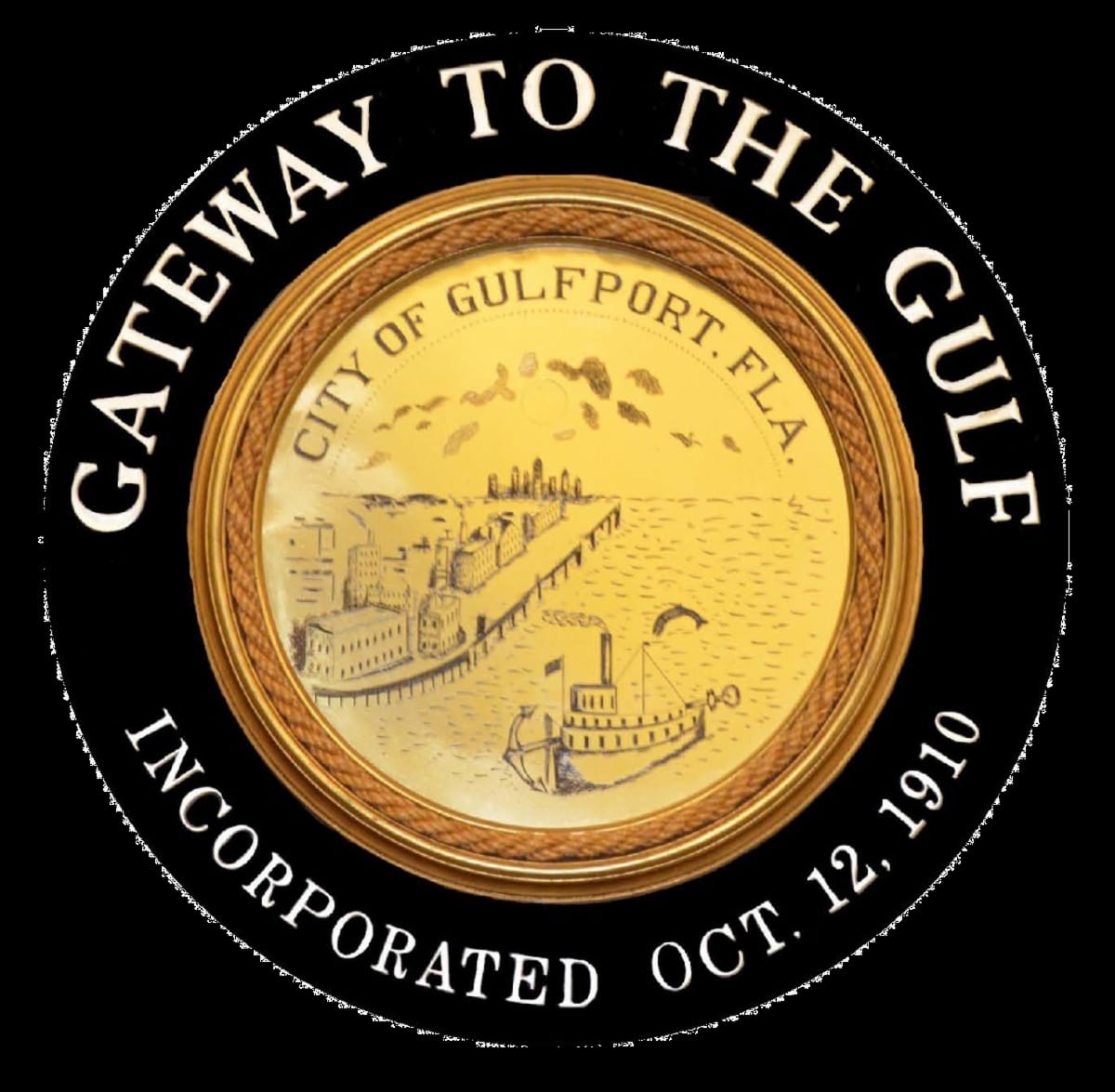City seal. Text reads Gateway to the Gulf. City of Gulfport Fla. Incorporated Oct. 12 1910. Illustration of waterfront with buildings pier and boat. Circular black and gold design.