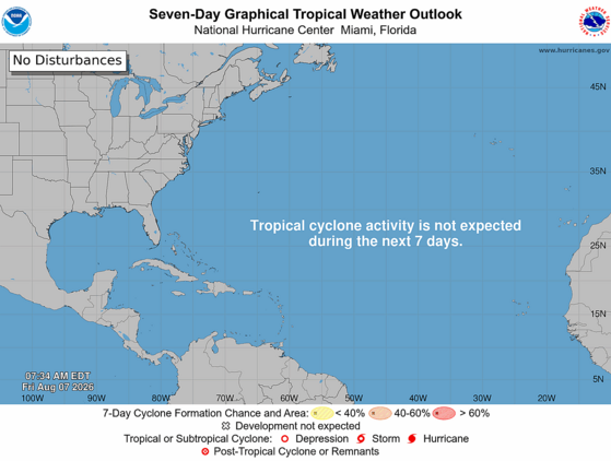 The latest Tropical Weather Outlook from the National Hurricane Center indicates no tropical cyclone activity expected for the next week.