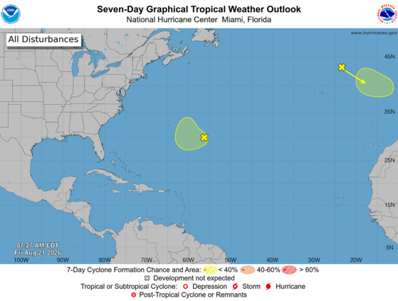 The NHC Seven-Day Graphical Tropical Weather Outlook highlights two areas of interest today.