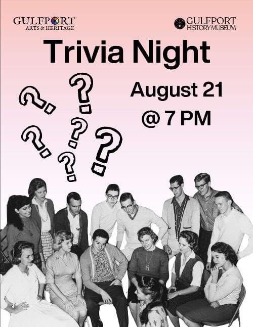 A poster for Trivia Night on August 21 at 7 PM. Features a cut out of students from a 1960s photograph on a pink gradient background.