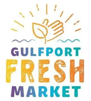 Logo. Illustration of hand holding leaf with sun rays. Text reads Gulfport Fresh Market. Bright colors purple teal yellow orange.