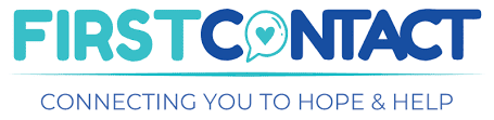 Logo. Text reads First Contact. Tagline reads Connecting You to Hope and Help. Design includes speech bubble with heart. Blue and teal color scheme.