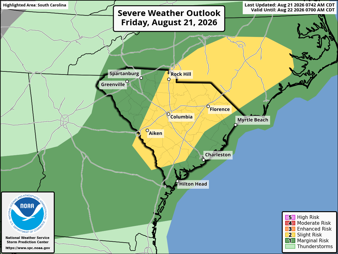 The Storm Prediction Center's Day 1 Severe Weather Outlook for SC shows the entire state at risk for locally damaging winds through tonight.