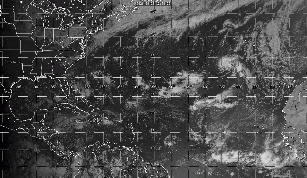 This loop of visible satellite imagery shows the features of interest today across the eastern U.S. and the North Atlantic.