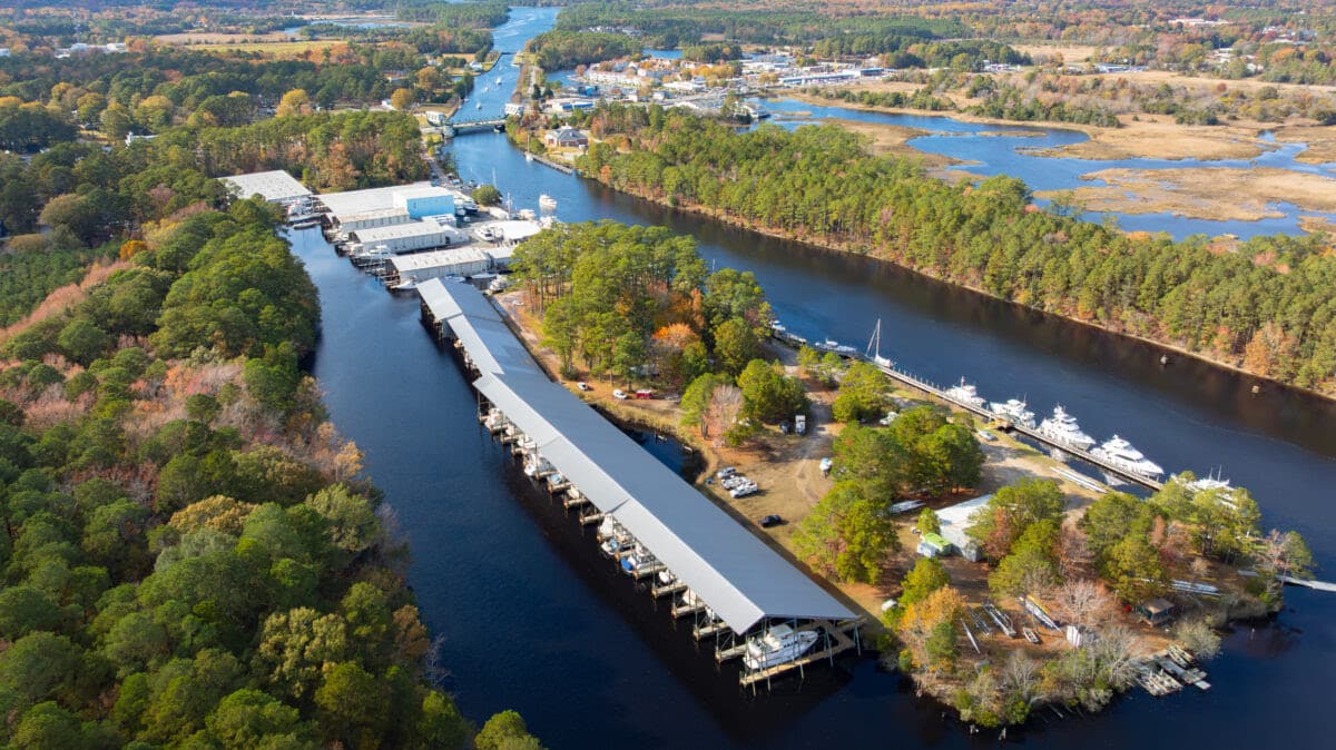 Aerial view of the Atlantic Yacht Basin, home of Worth Avenue Yachts Chesapeake