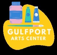 The Gulfport Arts Center Logo featuring paint supplies and text over an abstract yellow shape.