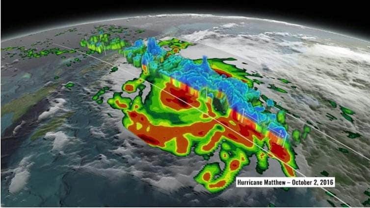 A satellite image with a cross section of a hurricane.
