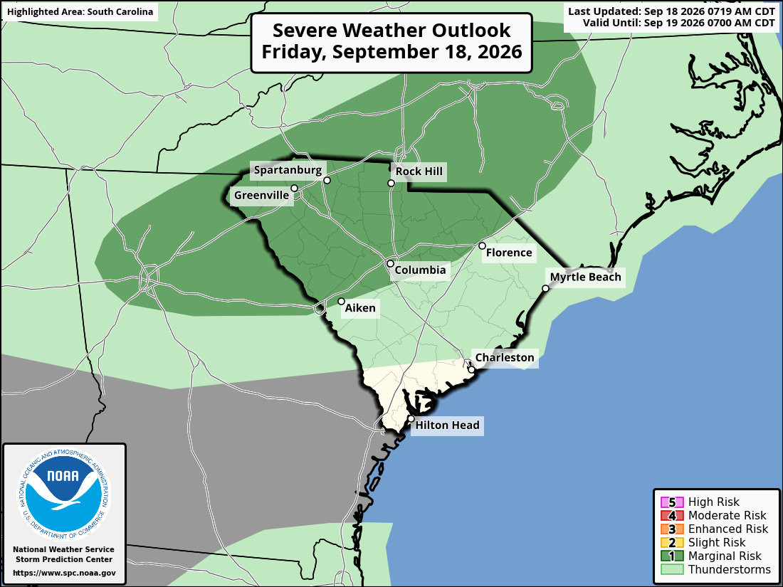 The Storm Prediction Center's Day 1 Severe Weather Outlook graphic for South Carolina, covering today and tonight.