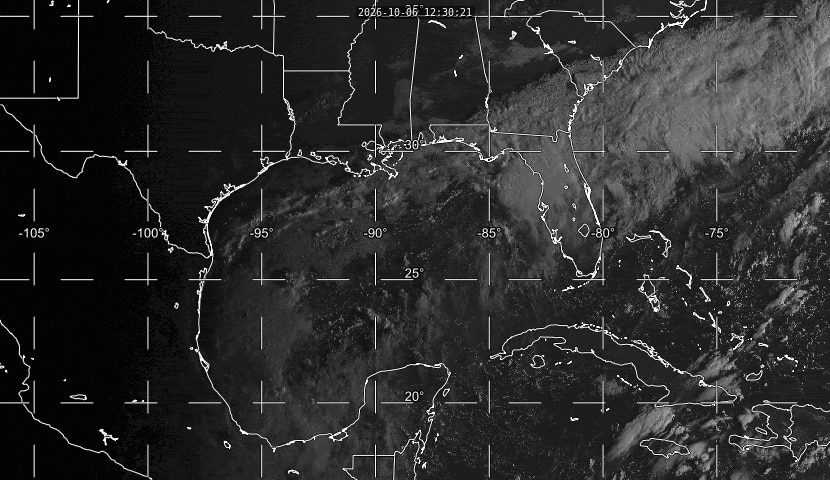 Sunrise over allows visible satellite imagery to reveal a developing storm over the southwestern Gulf.