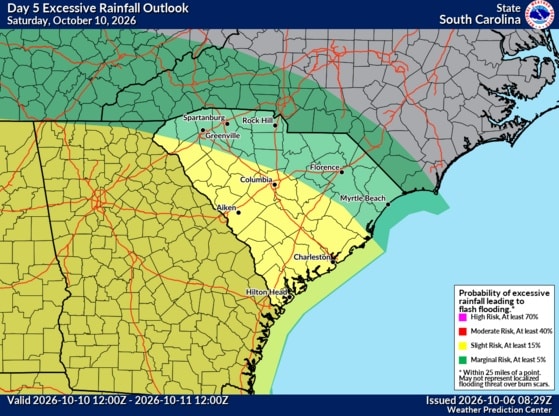 The Weather Prediction Center's Day 5 Excessive Rainfall Outlook graphic for South Carolina shows the flooding risk Saturday and Saturday night