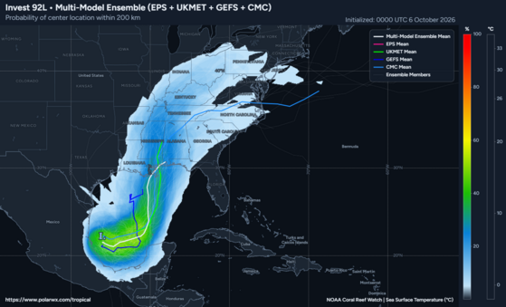 This plot shows the density of tropical cyclone tracks from four computer model ensembles.